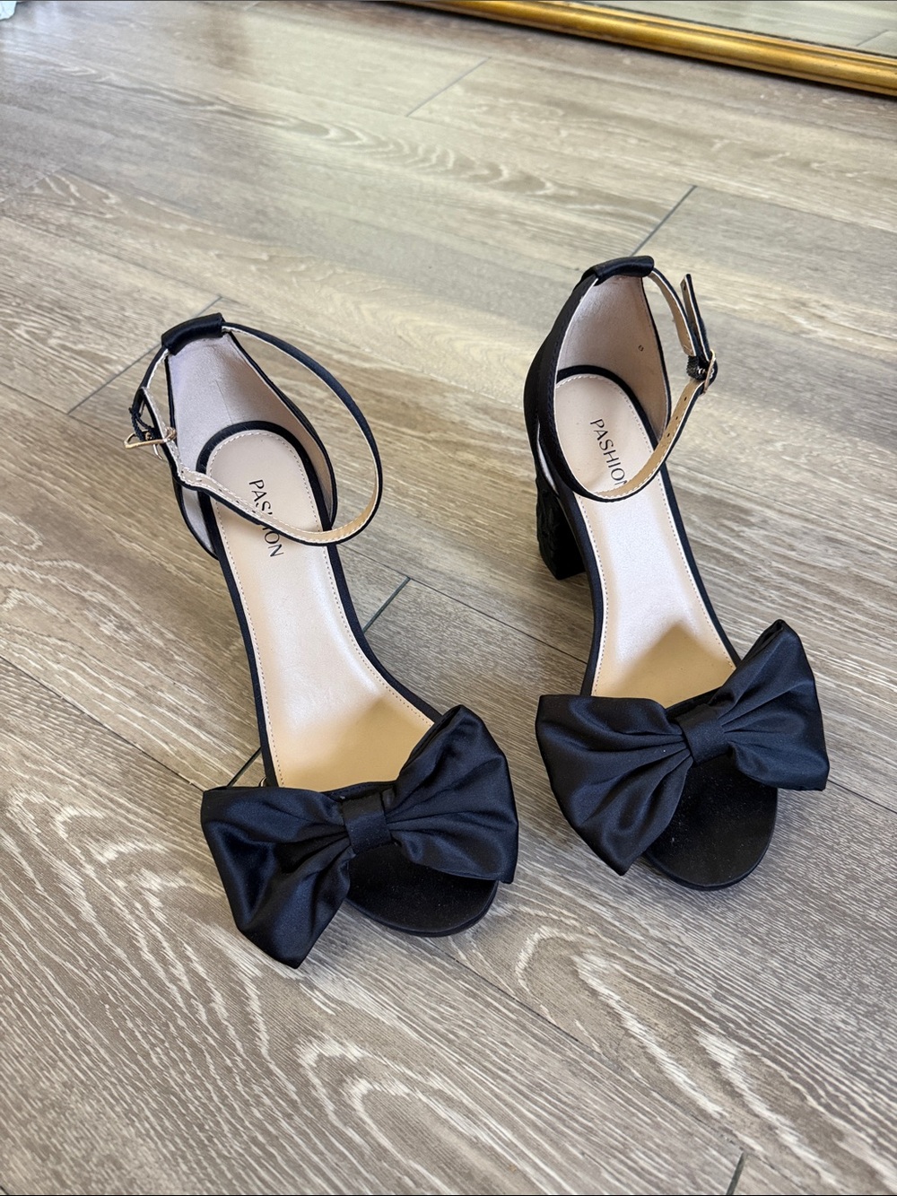 Pashion Footwear Black Bow Ankle-Strap Block Heels